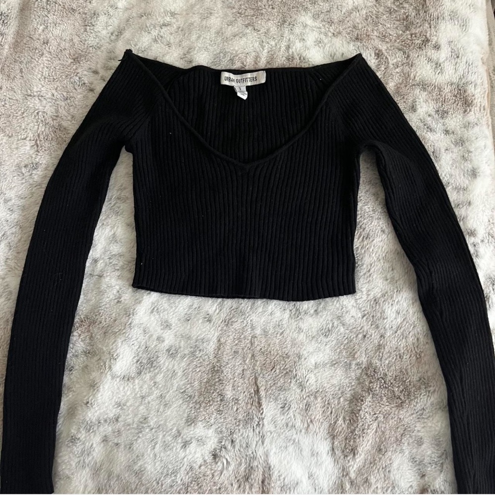 Urban Outfitters Black Ribbed cropped long sleeve sweater scoop v neck top Top
